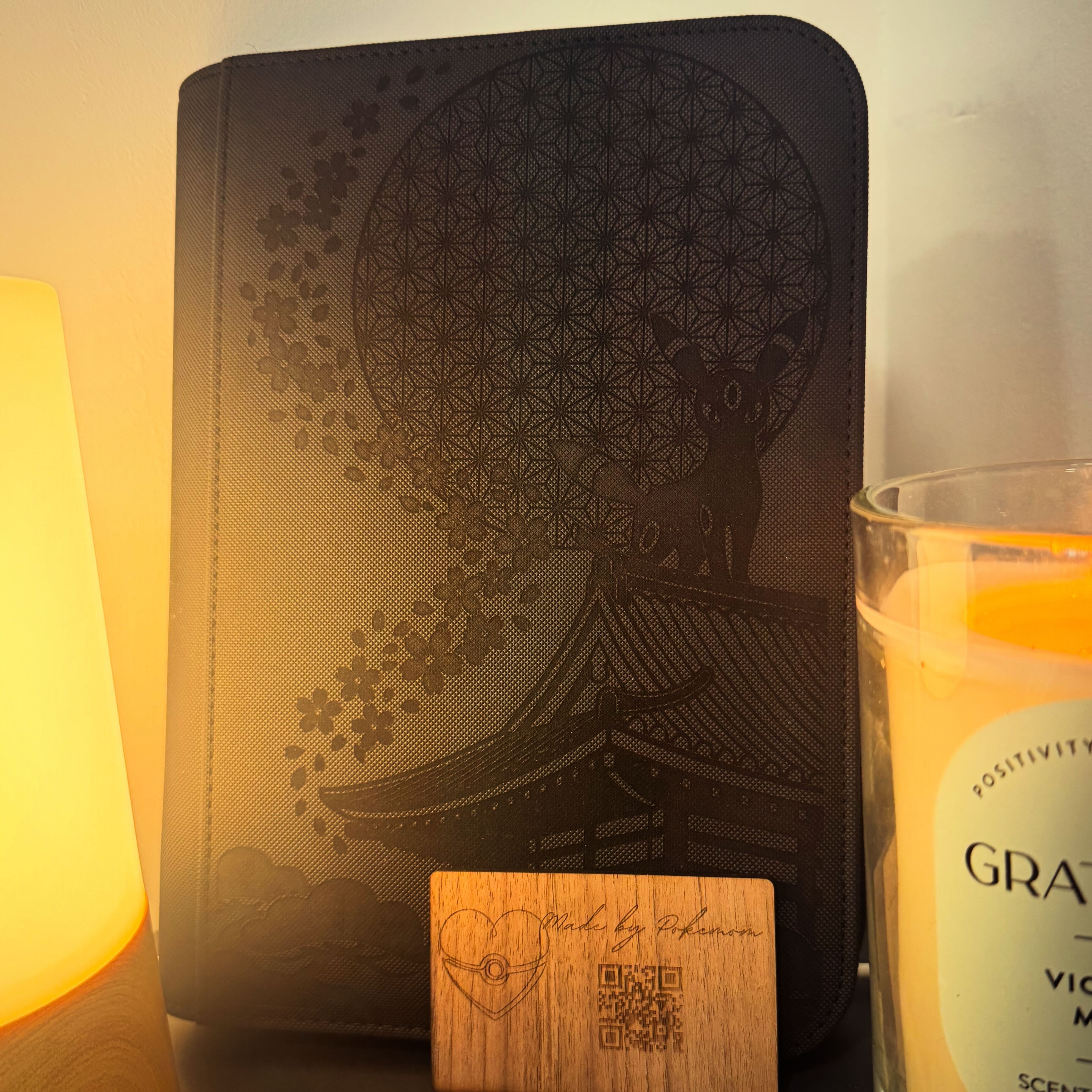 Custom engraved binder with Japanese shrine and Espeon design